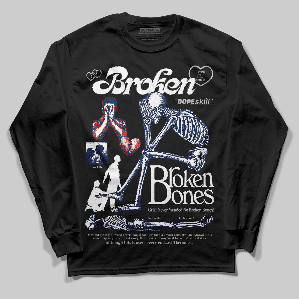 Summit White Navy 4s DopeSkill Long Sleeve T-Shirt Broken Bones Graphic