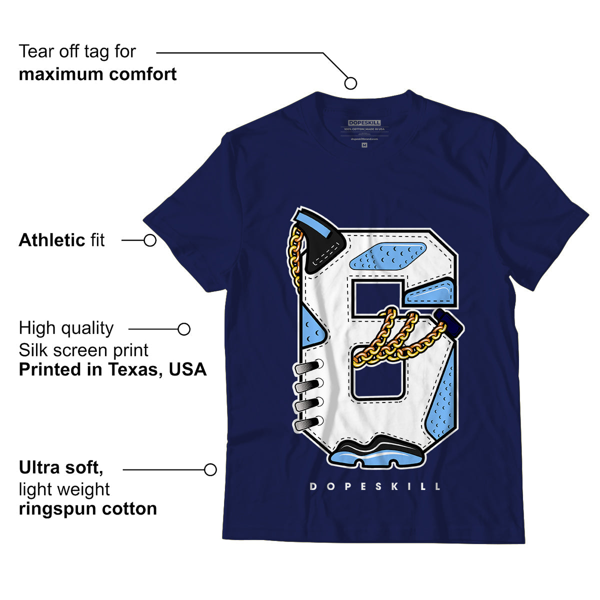 AJ 6 University Blue DopeSkill College Navy T-Shirt Number No.6 Graphic