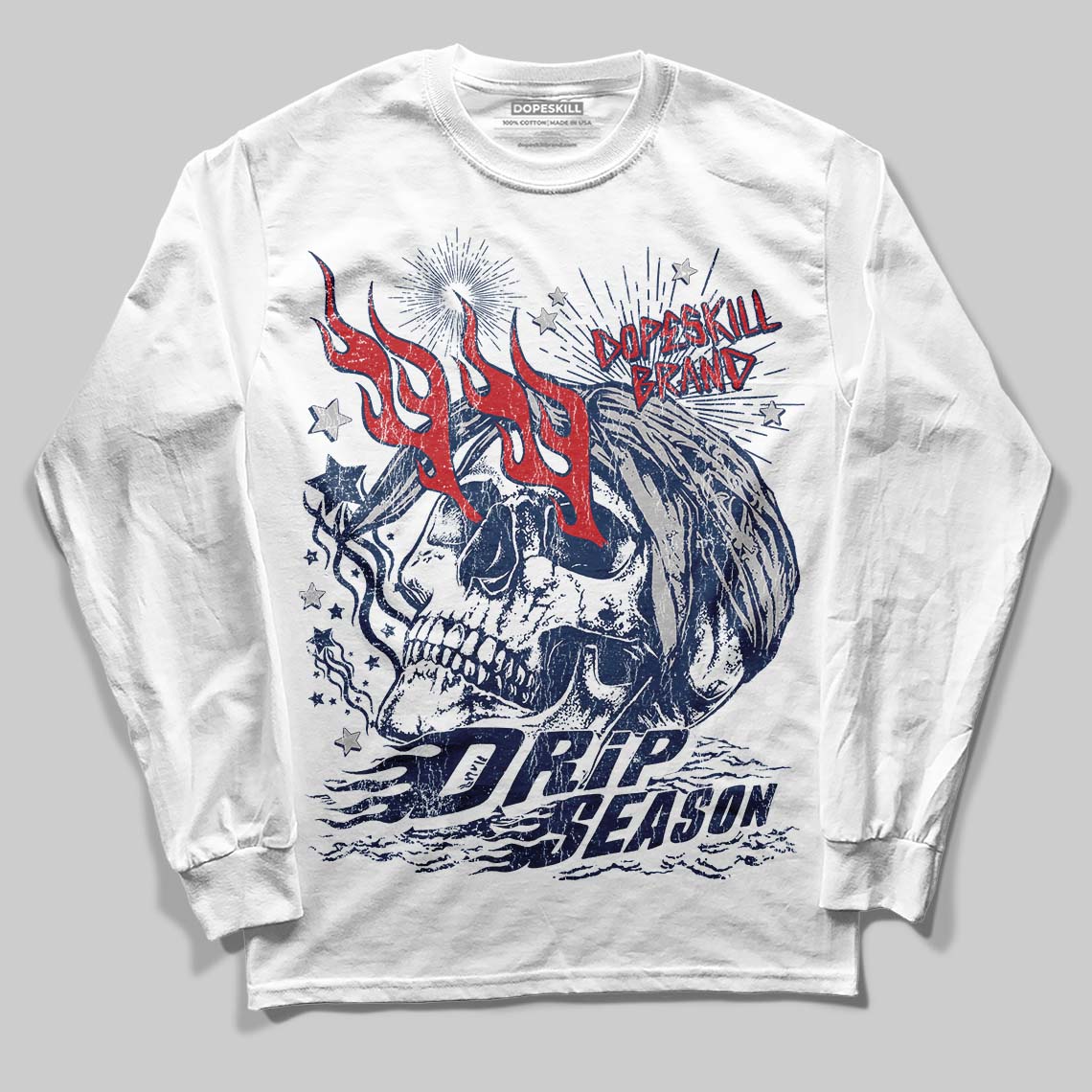 Summit White Navy 4s DopeSkill Long Sleeve T-Shirt Drip Season Graphic