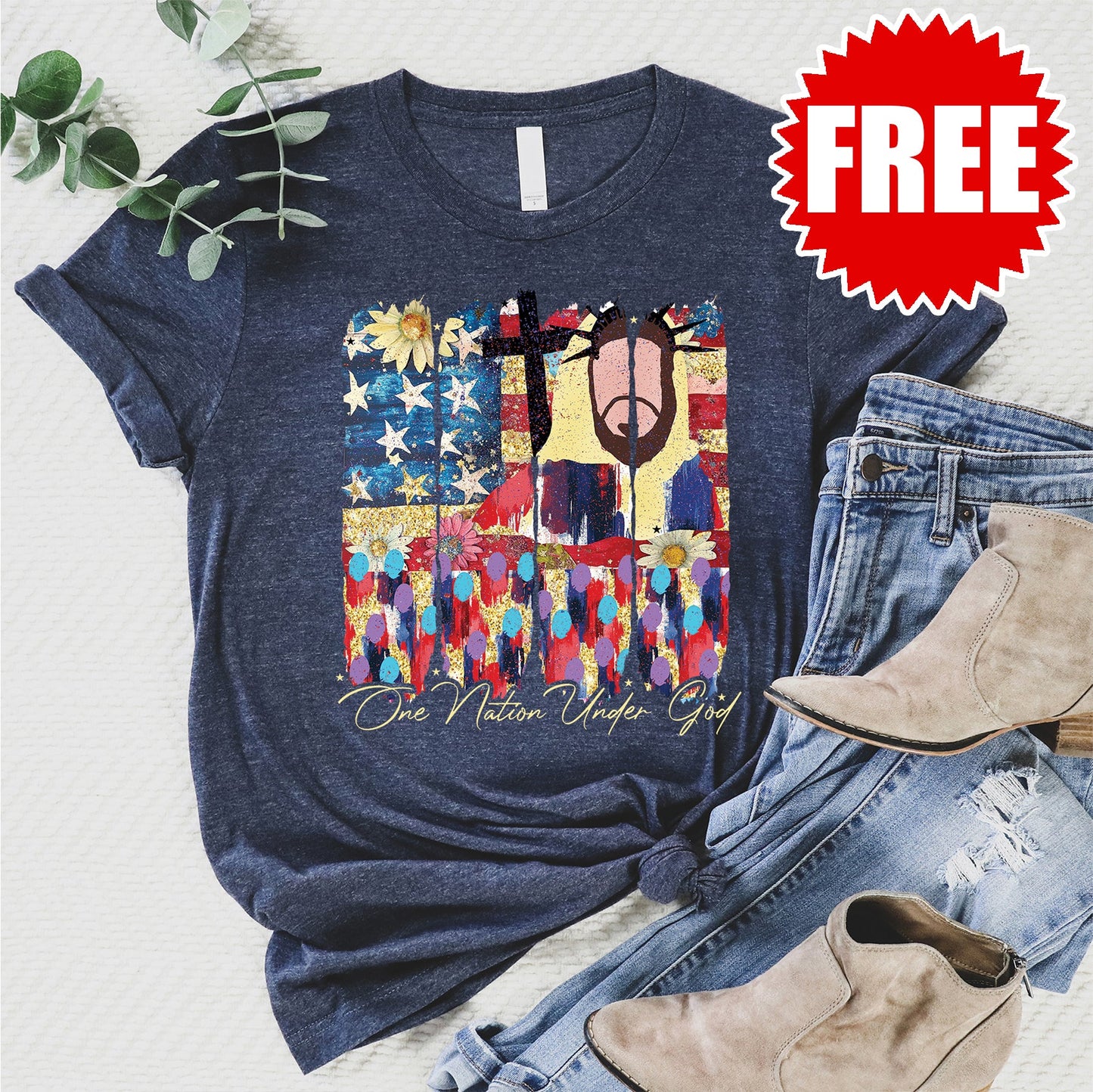 One Nation Under God Flag Tee - Heather Navy - 0