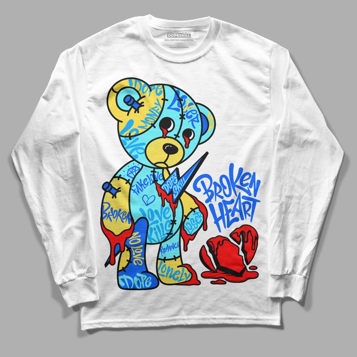 Aqua 5s DopeSkill Long Sleeve T-Shirt Broken Heart Graphic