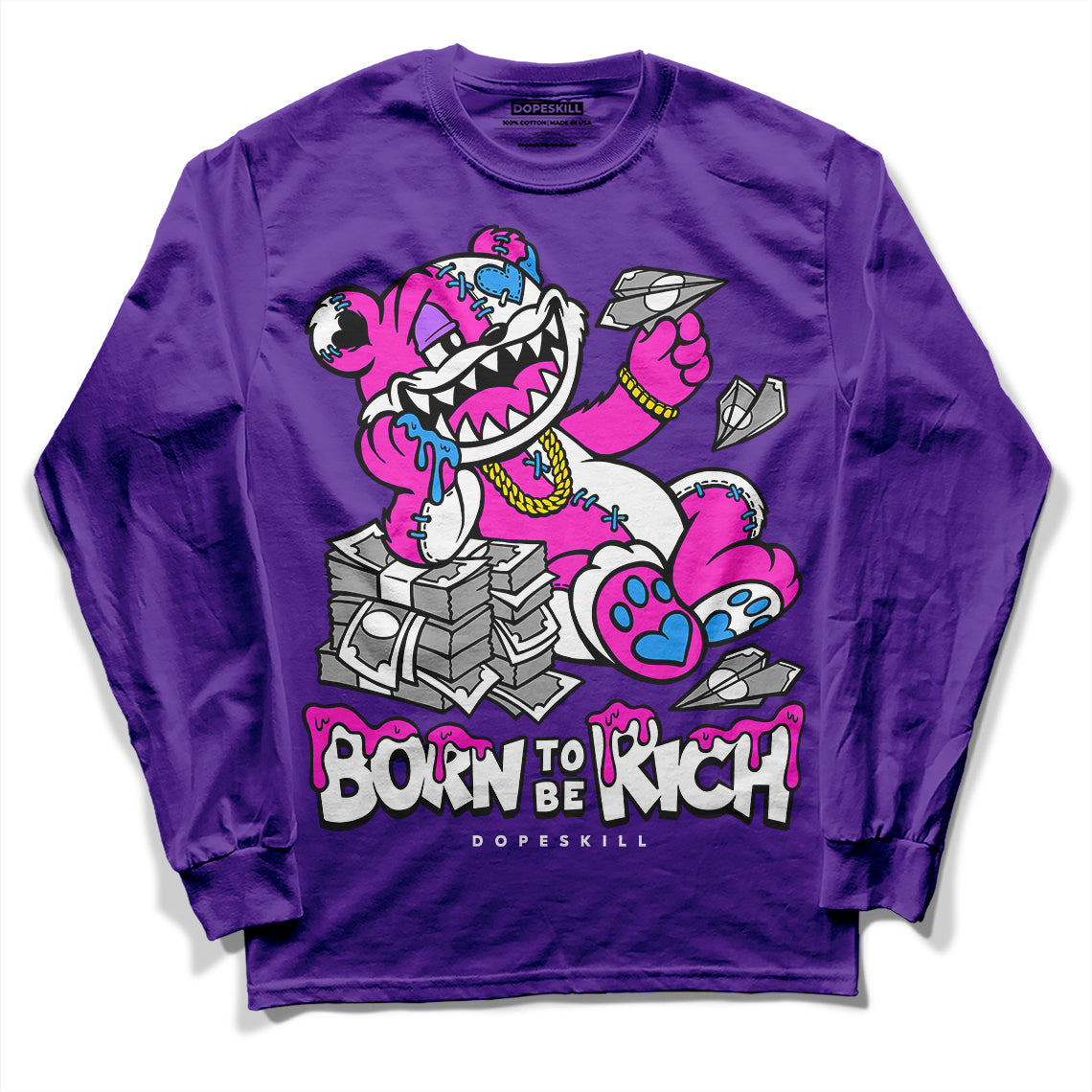 PURPLE Collection DopeSkill Purple Long Sleeve T-Shirt Born To Be Rich Graphic