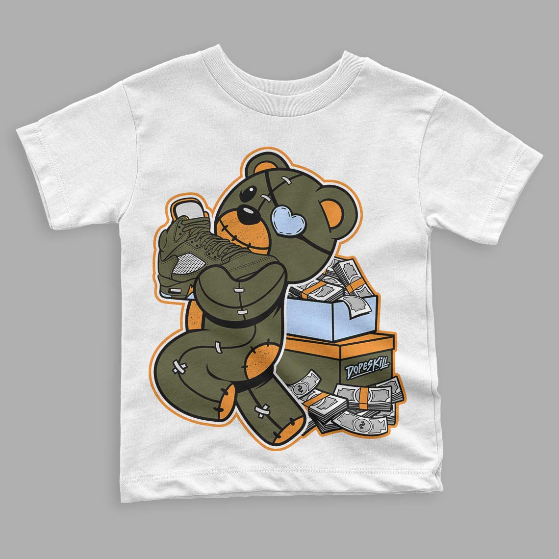 Olive 5s DopeSkill Toddler Kids T-shirt Bear Steals Sneaker Graphic