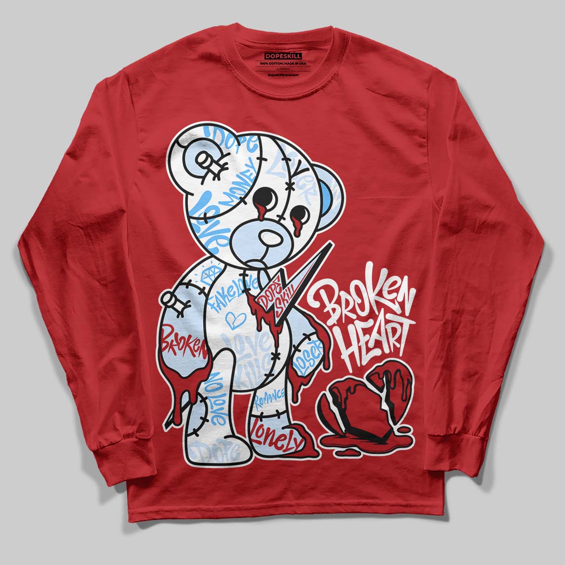 Cherry 11s DopeSkill Varsity Red Long Sleeve T-Shirt Broken Heart Graphic