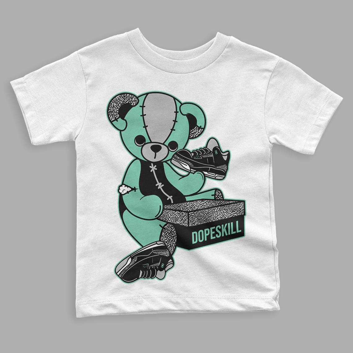 Green Glow 3s DopeSkill Toddler Kids T-shirt Sneakerhead BEAR Graphic