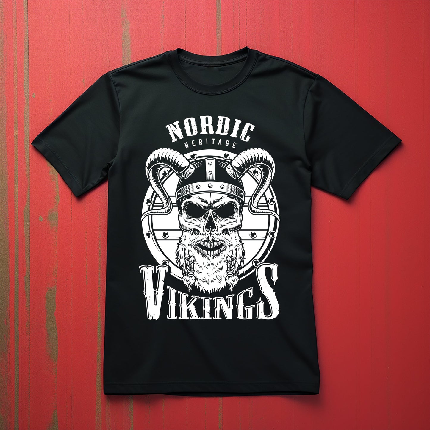 Nordic Vikings Bearded Skull Shield T-Shirt