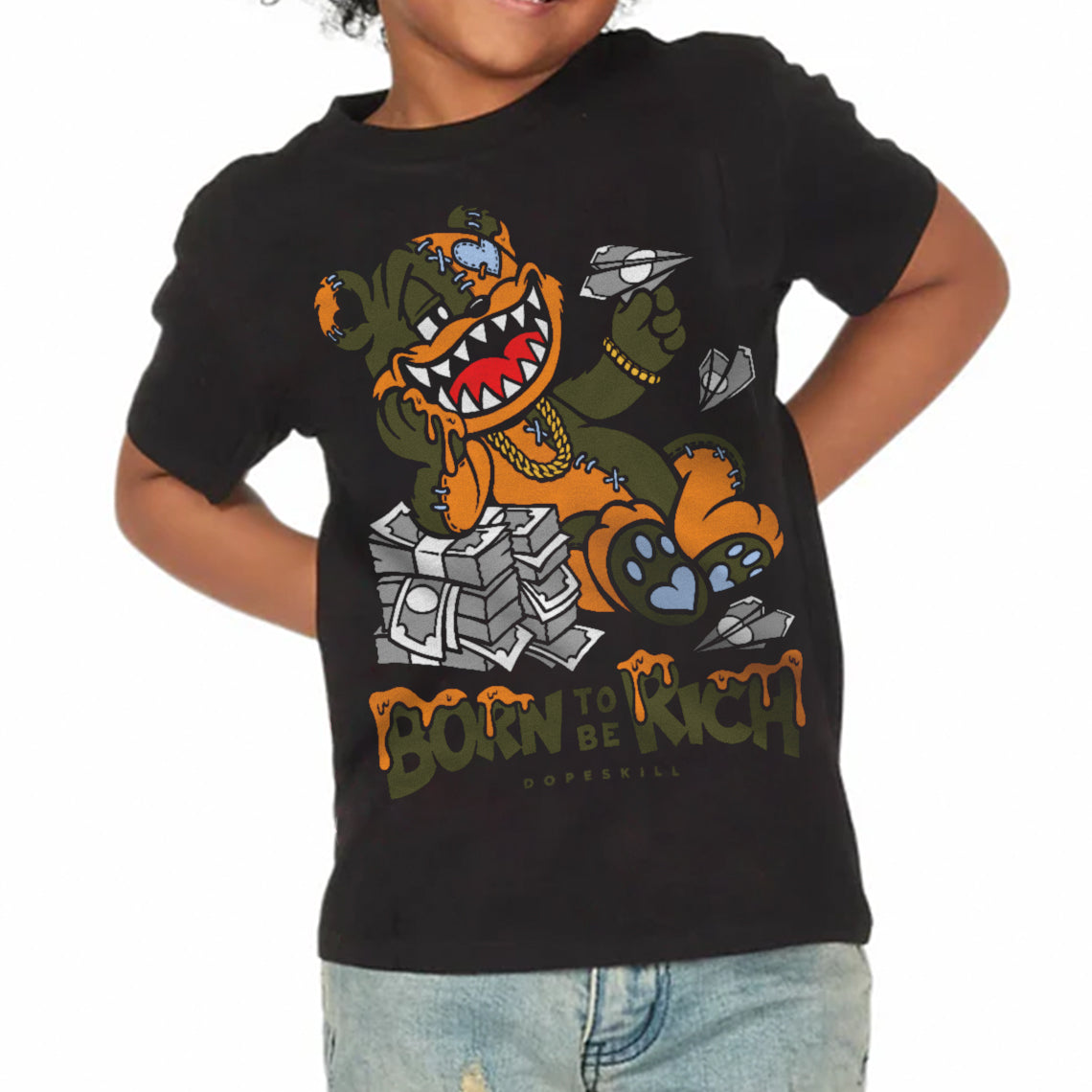 Olive 5s DopeSkill Toddler Kids T-shirt Born To Be Rich Graphic