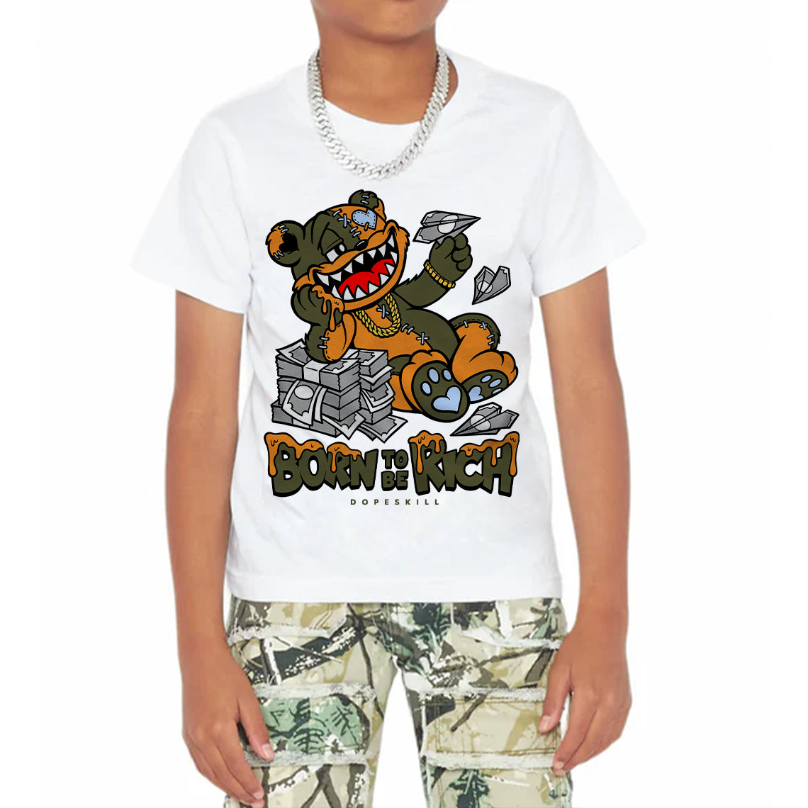 Olive 5s DopeSkill Toddler Kids T-shirt Born To Be Rich Graphic