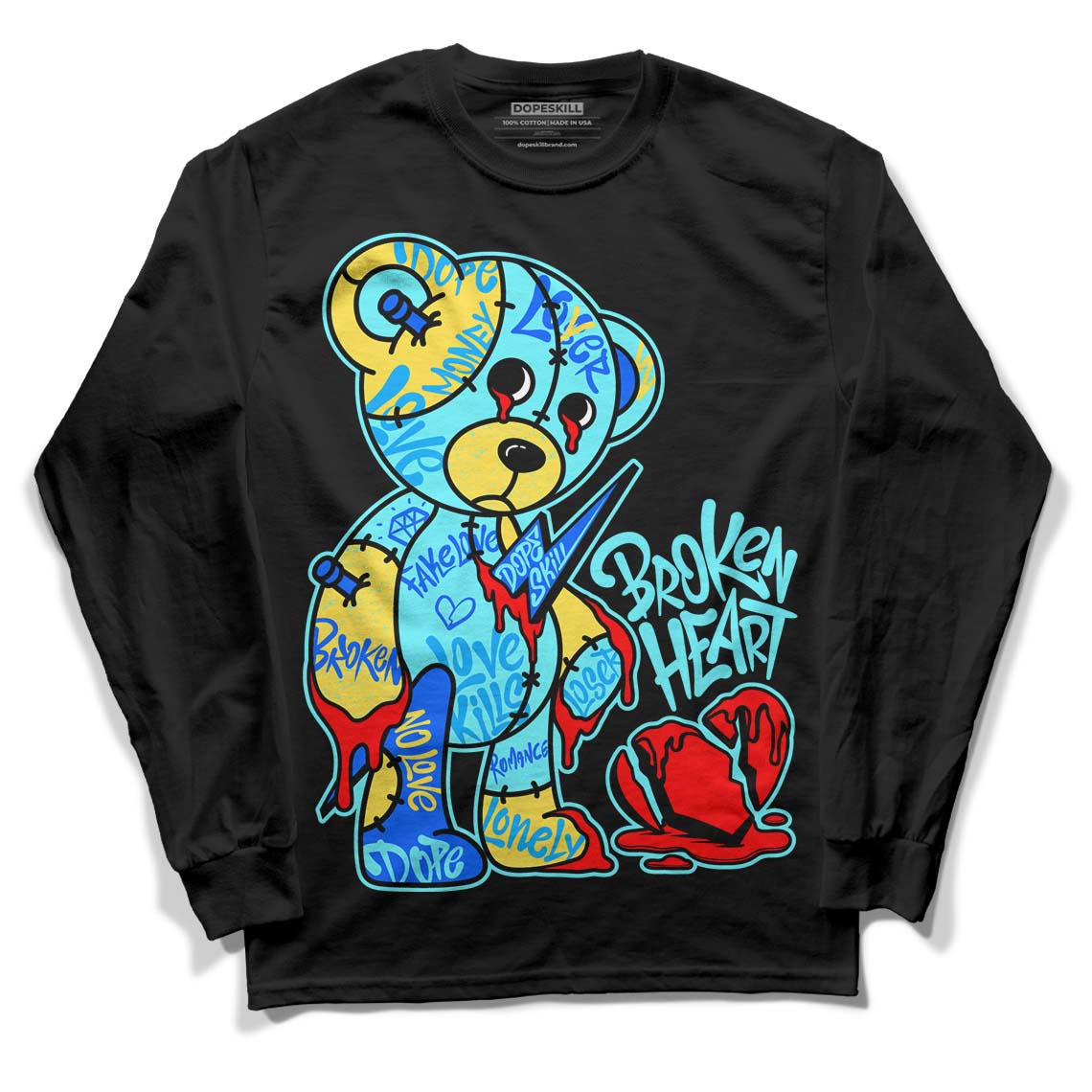 Aqua 5s DopeSkill Long Sleeve T-Shirt Broken Heart Graphic