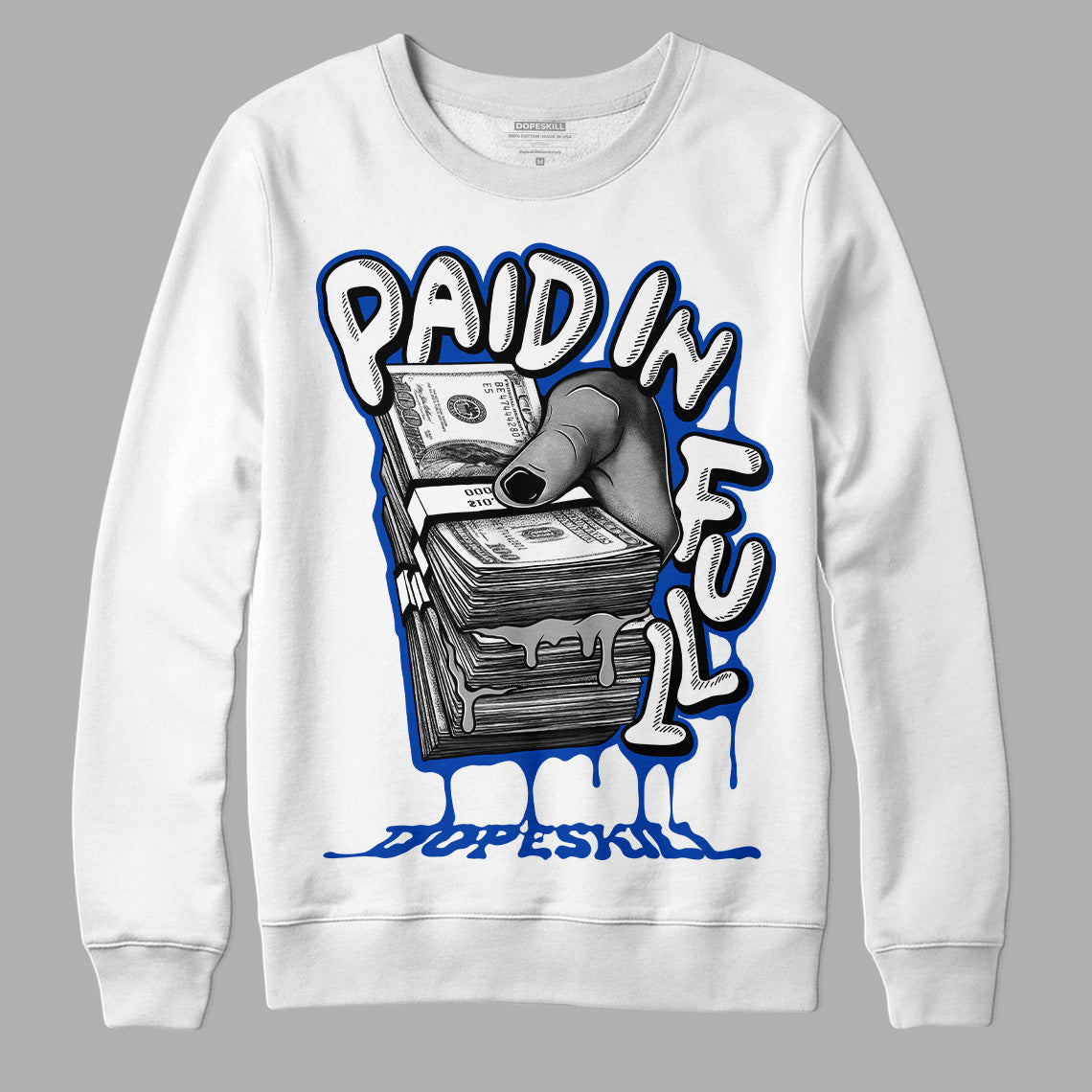 AJ 5 Racer Blue DopeSkill Sweatshirt Paid In Full Graphic