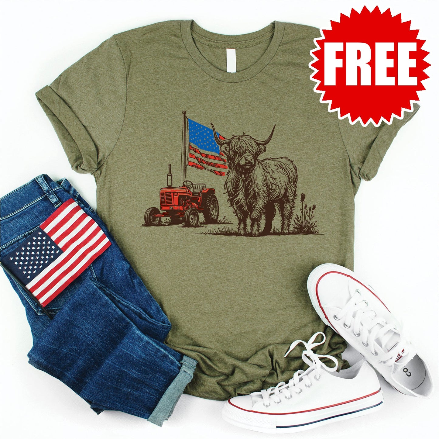 America Cow Tee - Heather Olive - 0