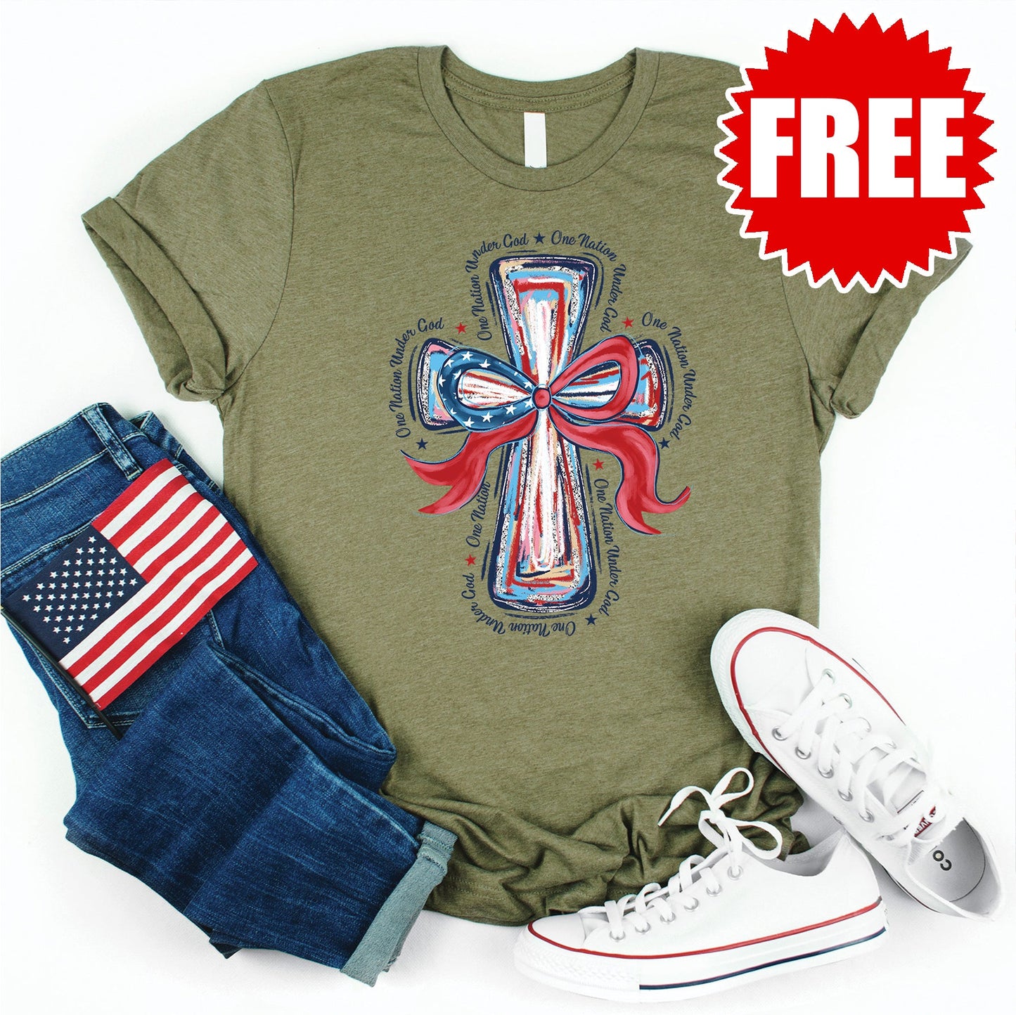 One Nation Under God Cross Tee - Heather Olive - 0