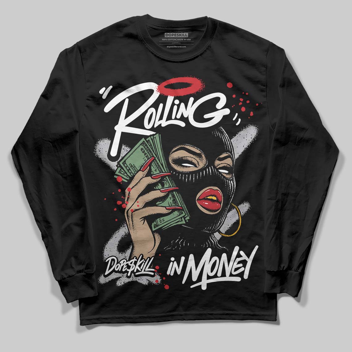 White Cement 4s DopeSkill Long Sleeve T-Shirt Rolling in Money Graphic