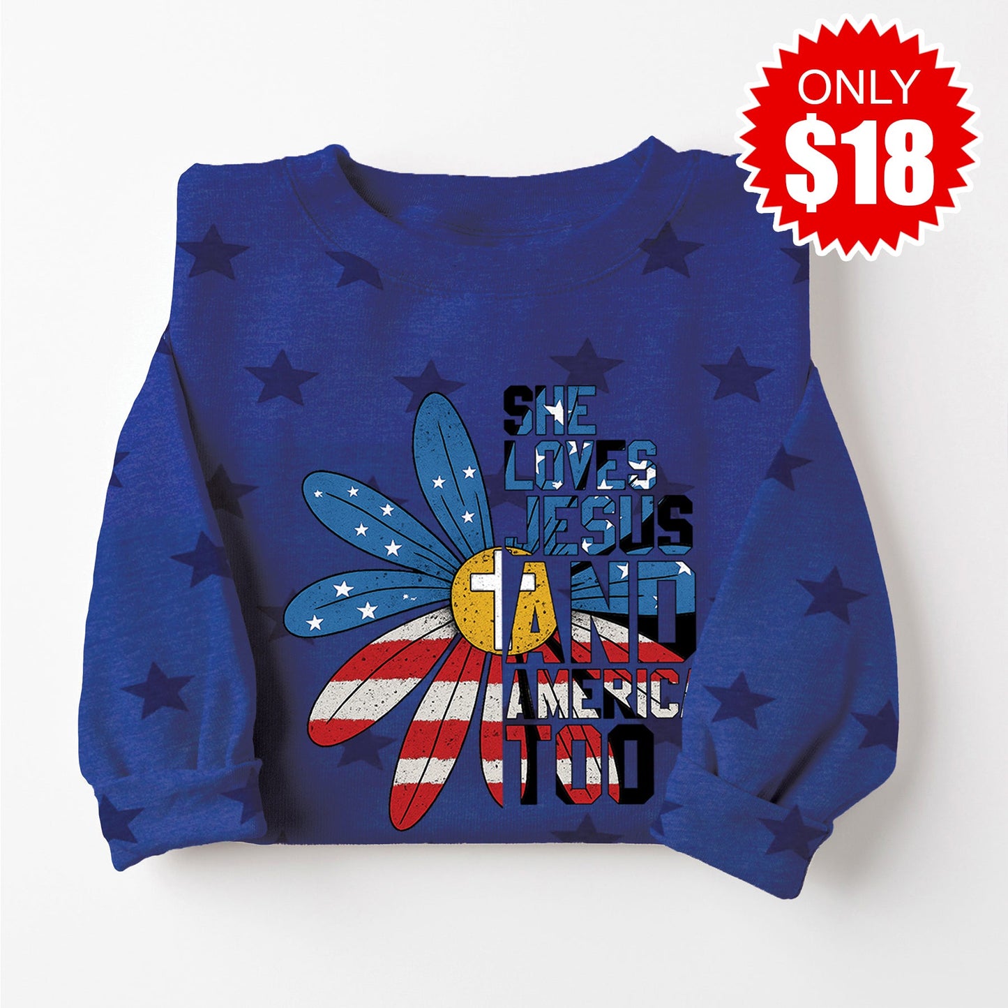 She Loves Jesus Sweatshirt - Blue Star Print - 18