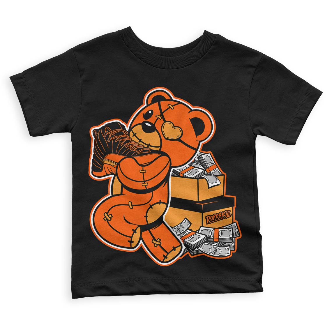 Brilliant Orange 12s DopeSkill Toddler Kids T-shirt Bear Steals Sneaker Graphic