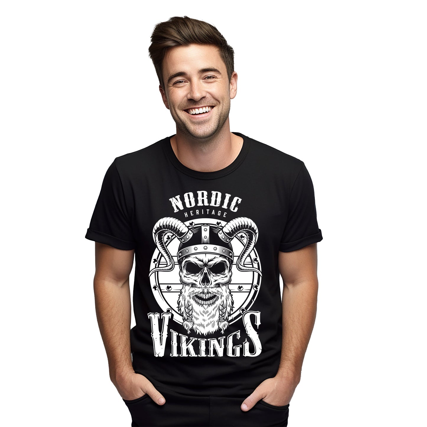 Nordic Vikings Bearded Skull Shield T-Shirt