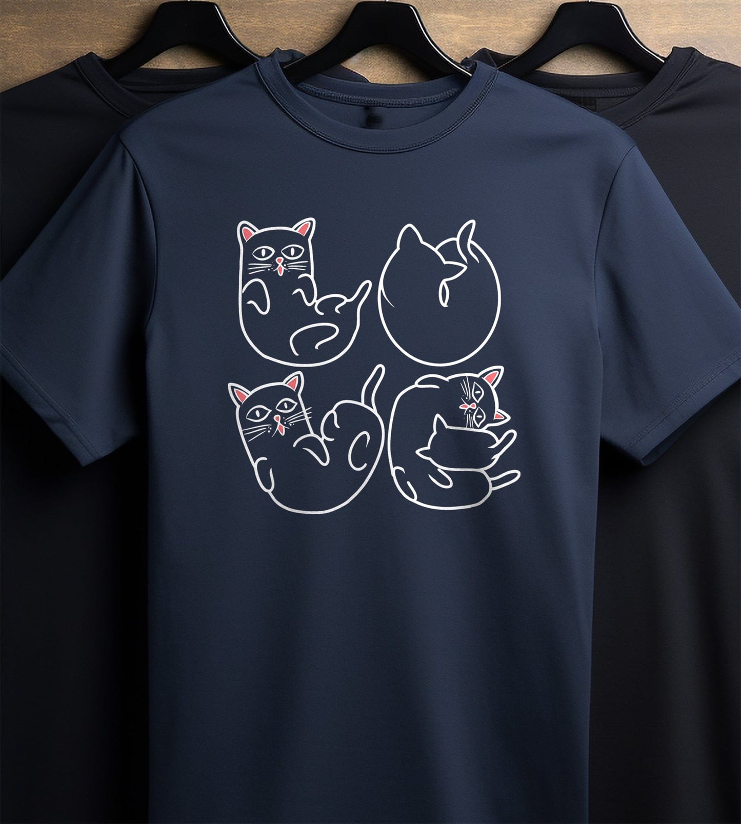 4 Cat Curling for Black T-Shirt