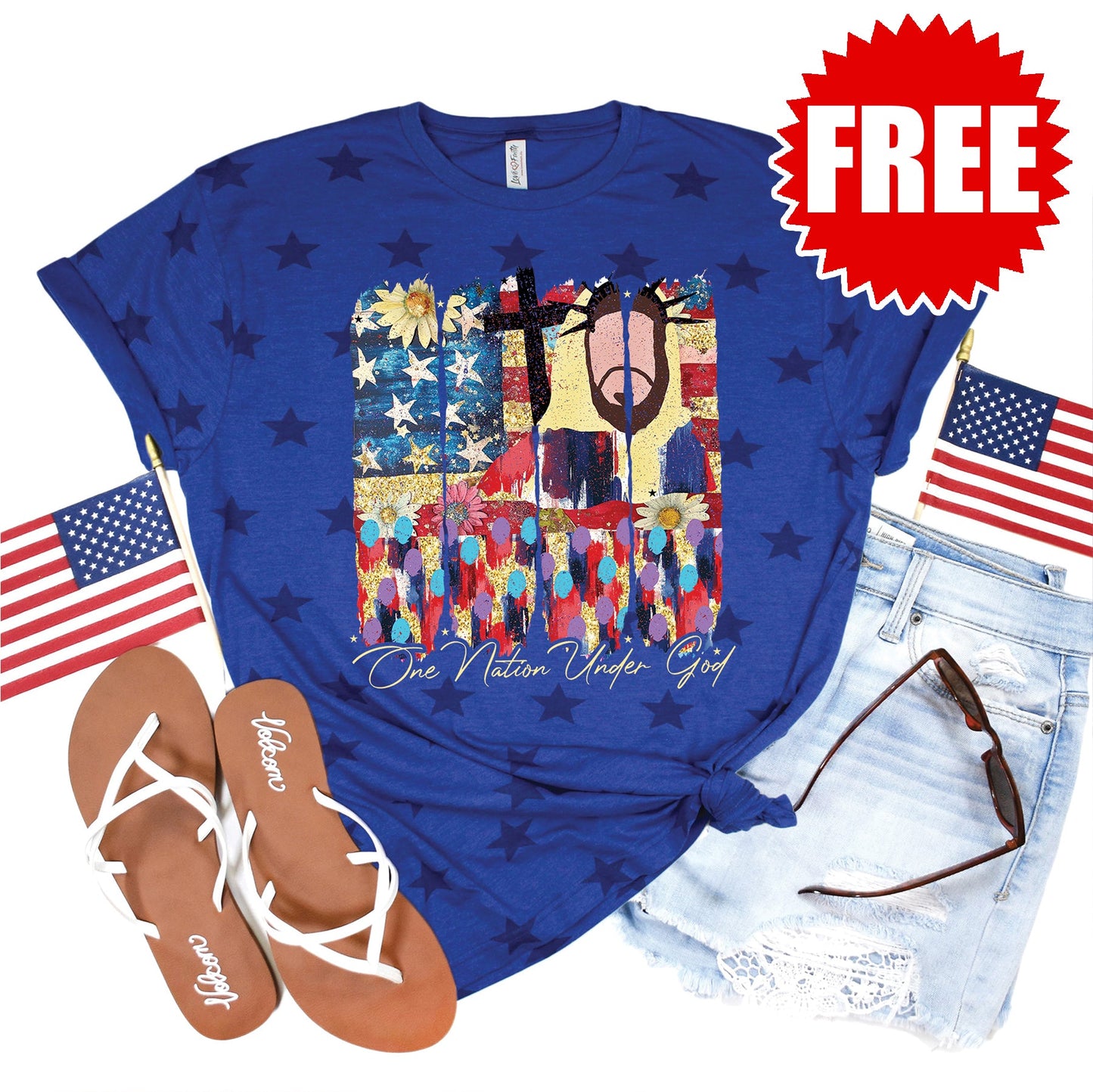 One Nation Under God Flag Tee - Blue Star Print - 0
