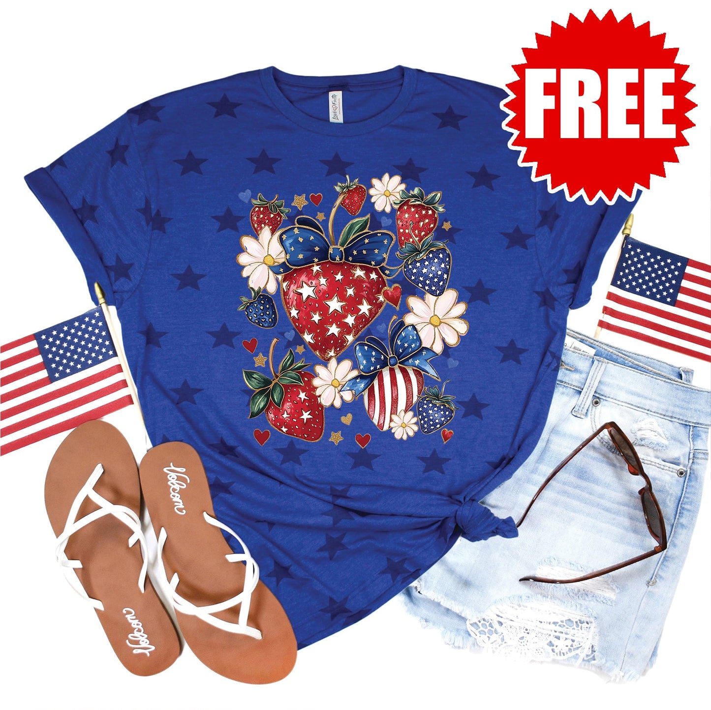 Strawberries Tee - Blue Star Print - 0