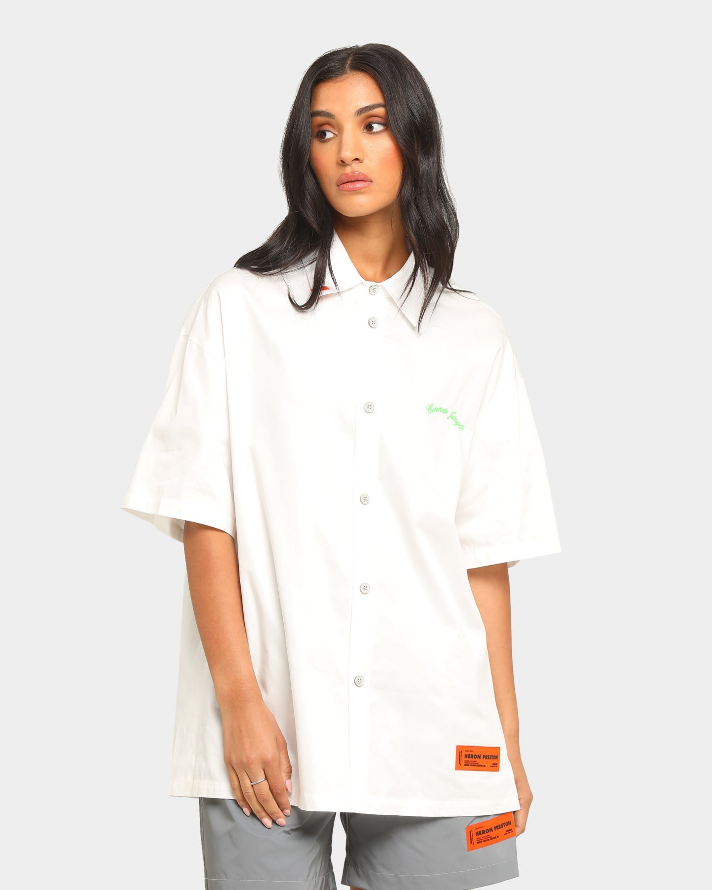 Heron Preston Boxy Fit Short Sleeve Button Up Shirt White Style001