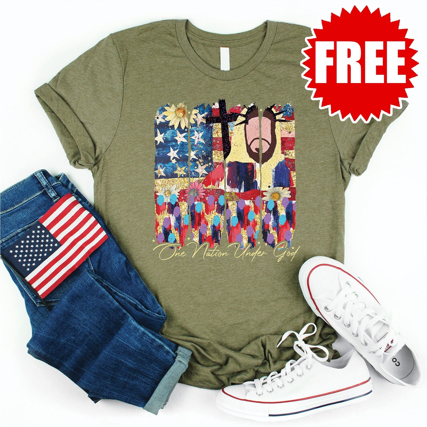One Nation Under God Flag Tee - Heather Olive - 0