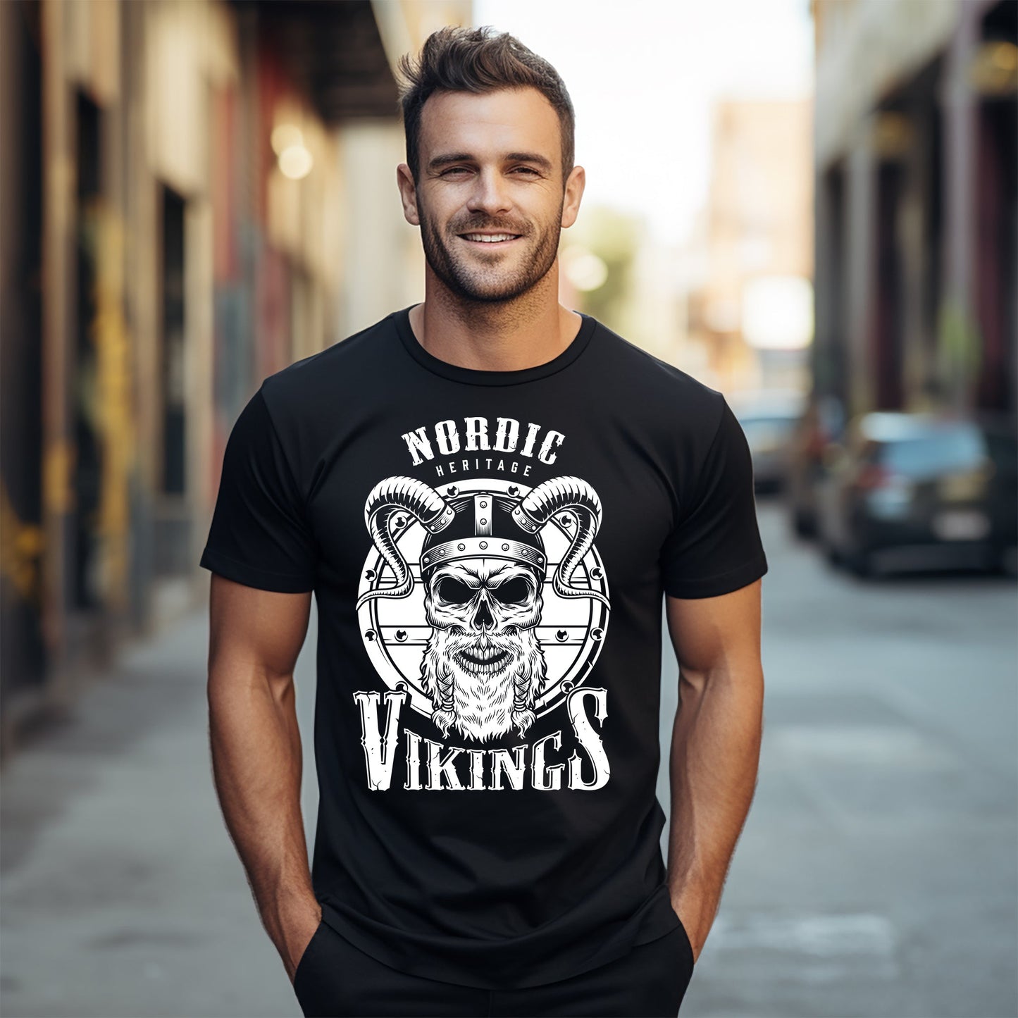 Nordic Vikings Bearded Skull Shield T-Shirt