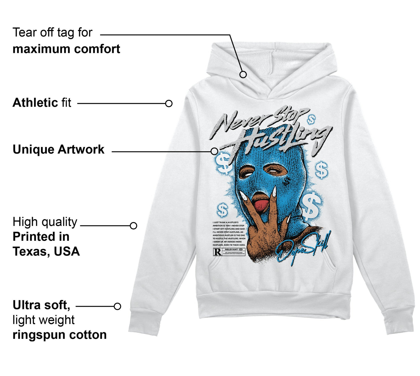 Military Blue 4s DopeSkill Hoodie Sweatshirt Never Stop Hustling Graphic
