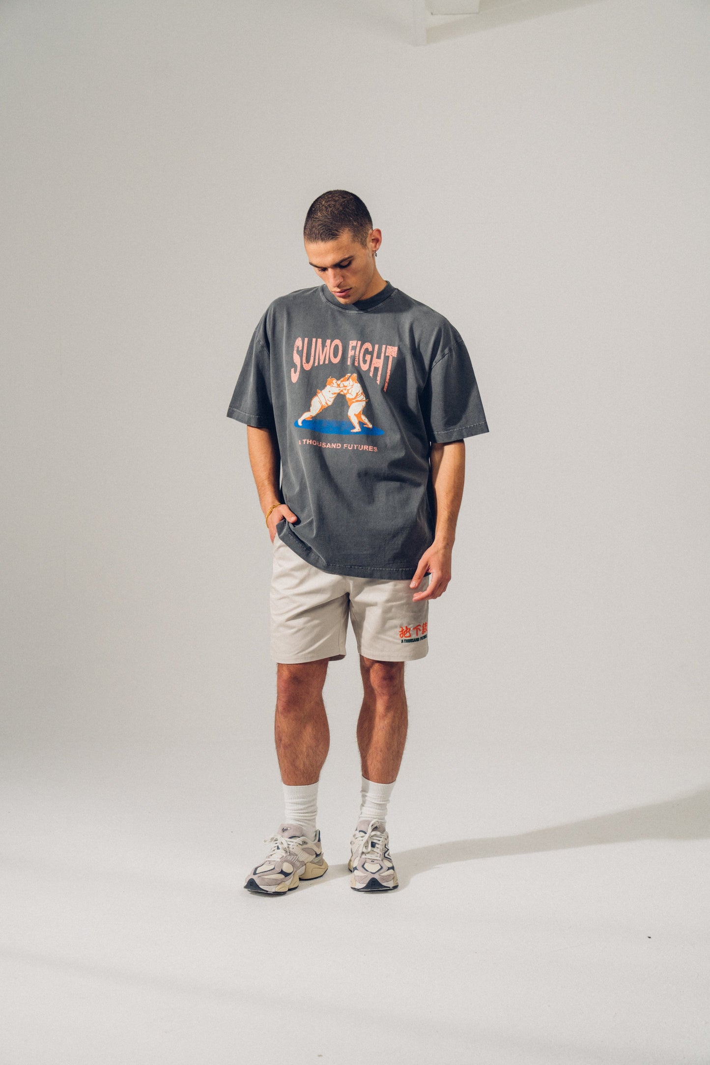A Thousand Futures 'Sumo Fight' Vintage Washed Tee - Charcoal