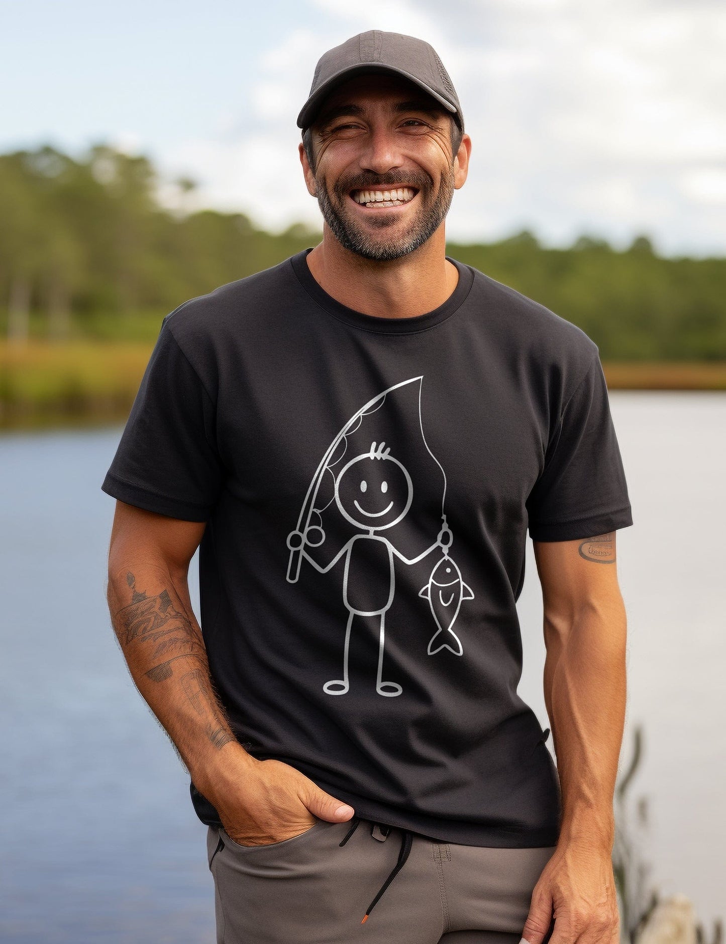 Happy Fisherman Stick Man T-Shirt