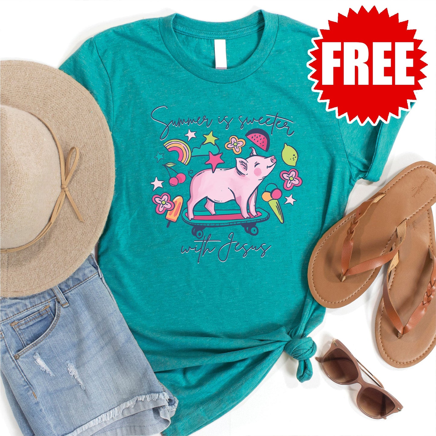 Sweeter Summer Pig Tee - Heather Sapphire - 0