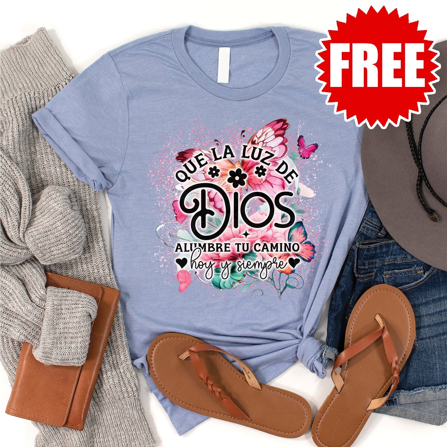 Que La Luz De Dios Tee - Heather Blue - 0