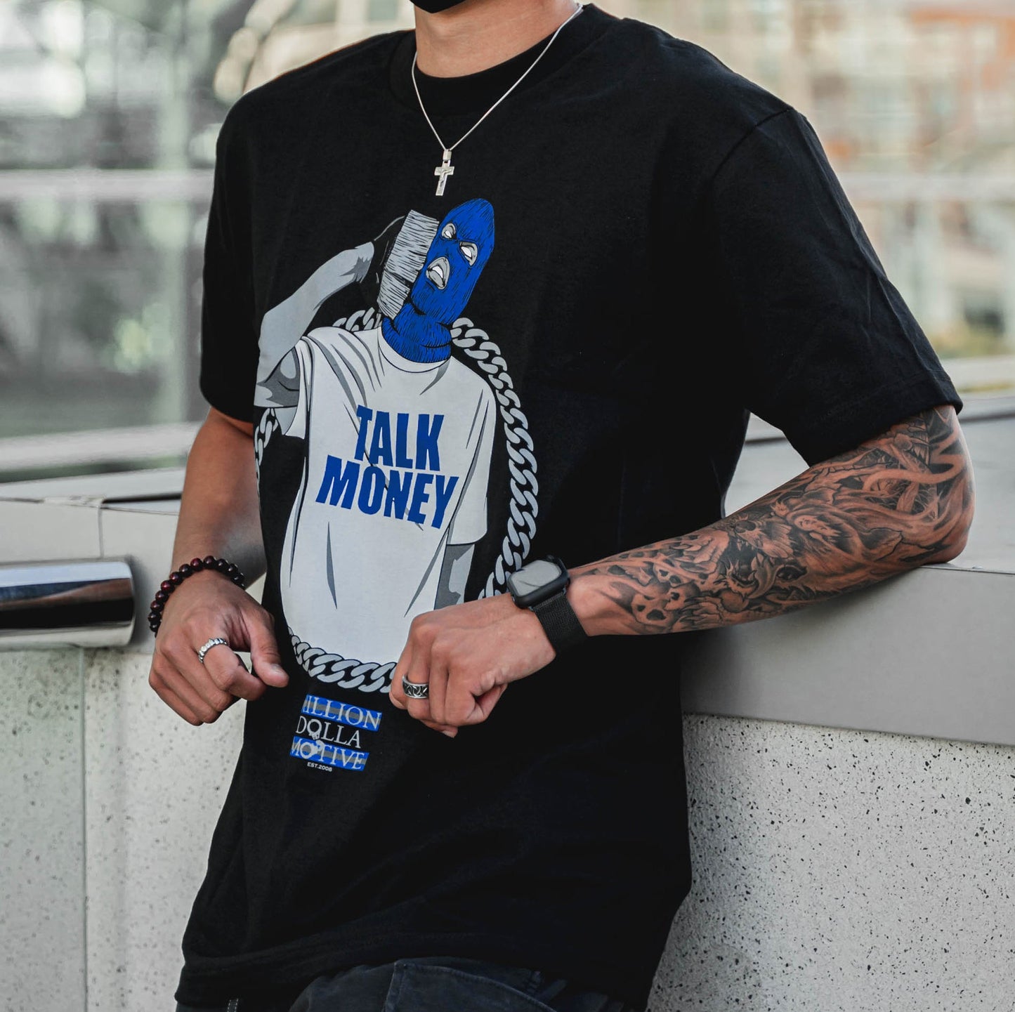 Talk Money Phone - Royal Blue on Black T-Shirt