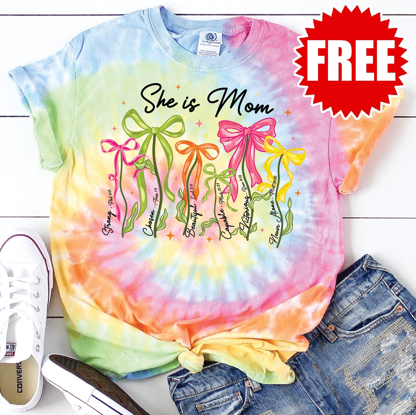She is Mom Flowers Tee - Aerial Spiral Tie Dye - FREE