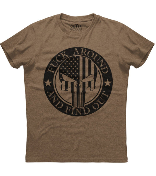 Fuck Around And Find Out Punisher Skull American Flag Patriotic T-Shirt (O)