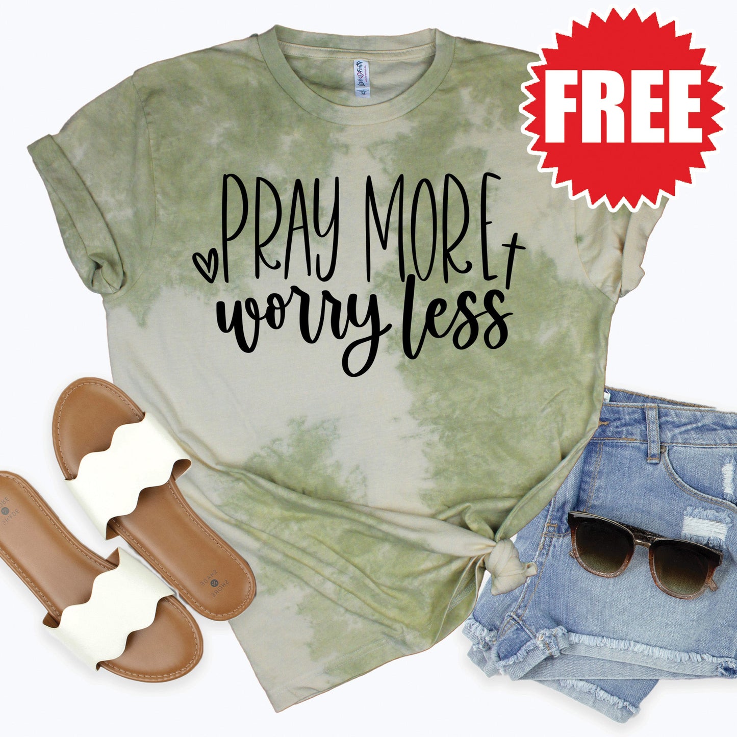 Pray More Worry Less Tee - Tie Dye Basil Haze - 0