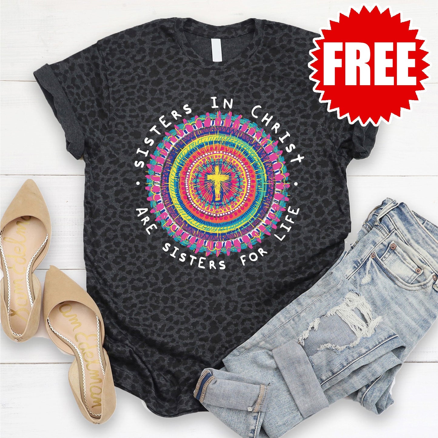 Sisters In Christ Tee - Black Leopard