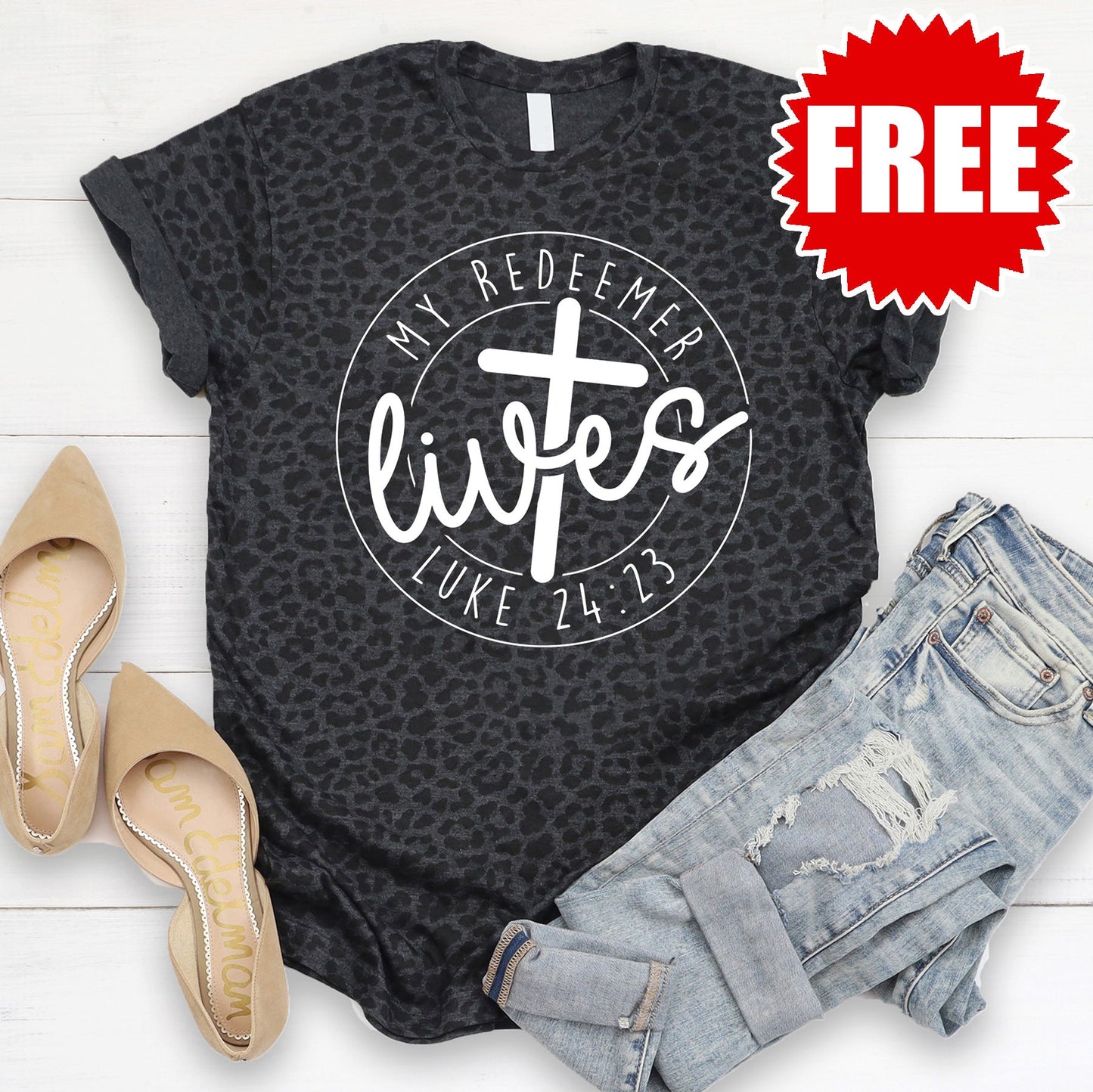 My Redeemer Lives Tee - Black Leopard - FREE