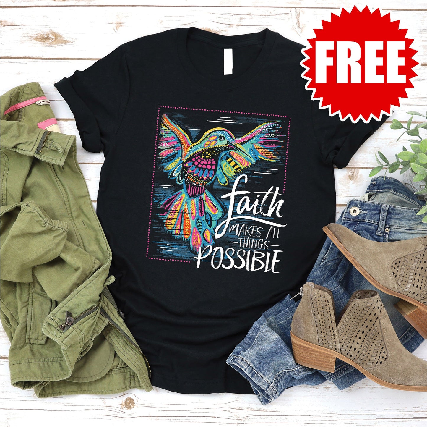 Faith Hummingbird Tee - Black - 0