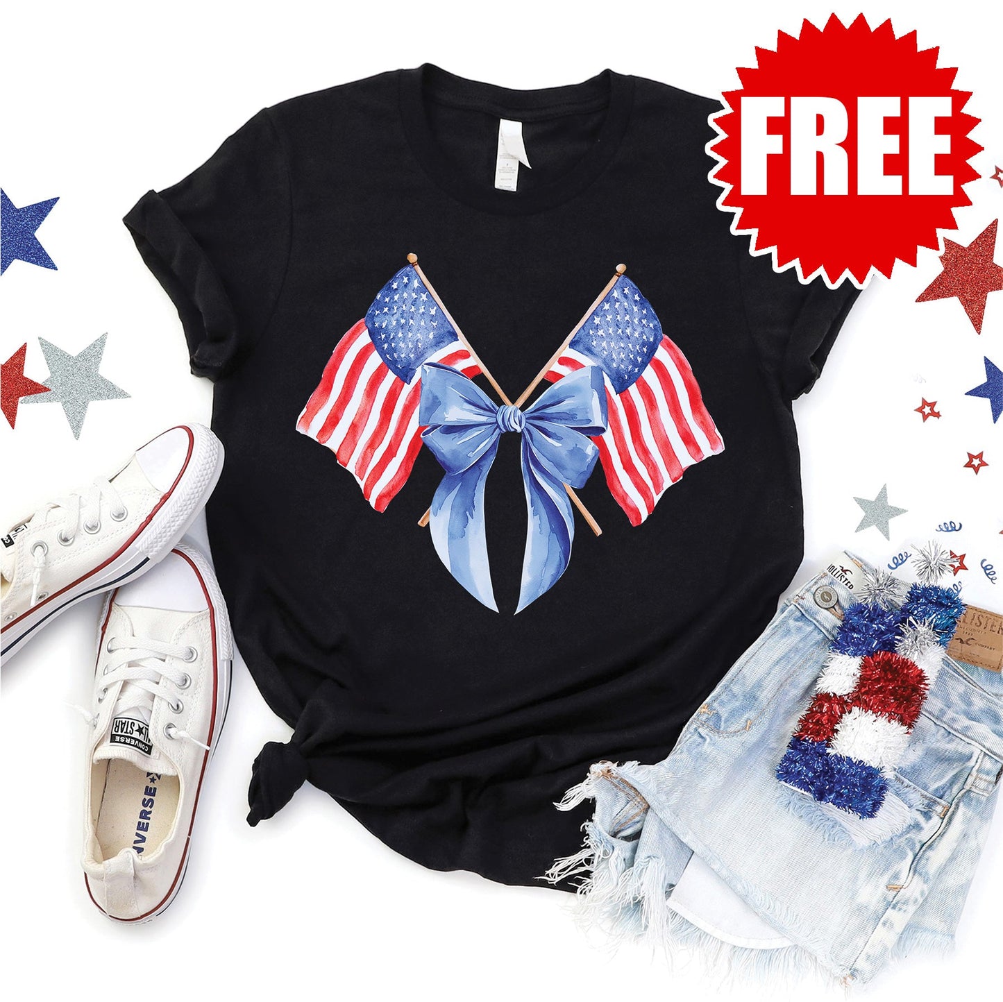 USA Flag Bow Tee - Black - FREE