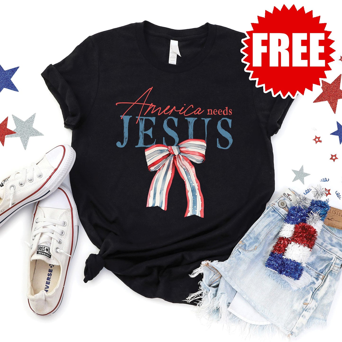 America Needs Jesus Tee - Heather Black - FREE