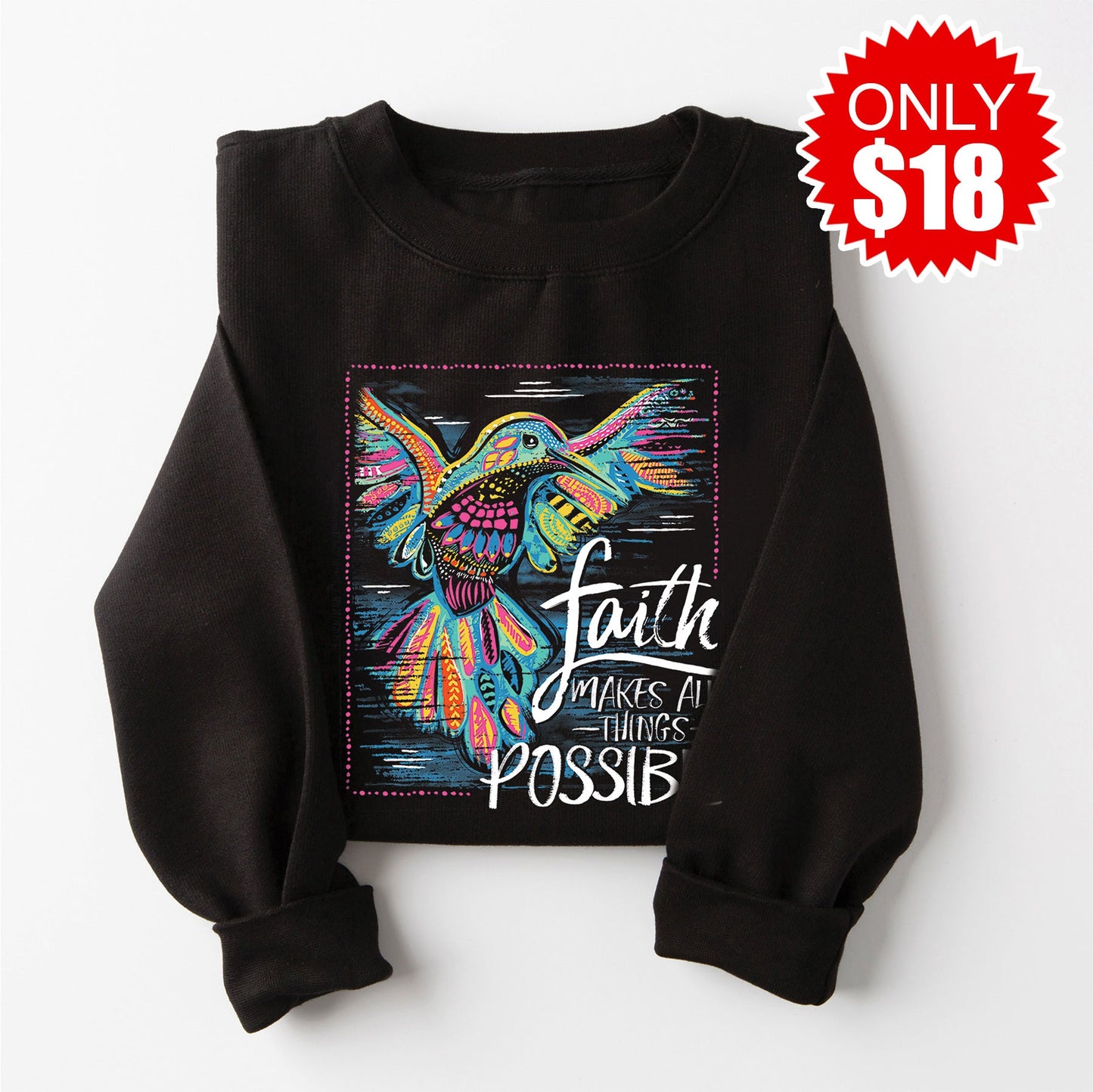 Faith Hummingbird Crewneck Sweatshirt - Black