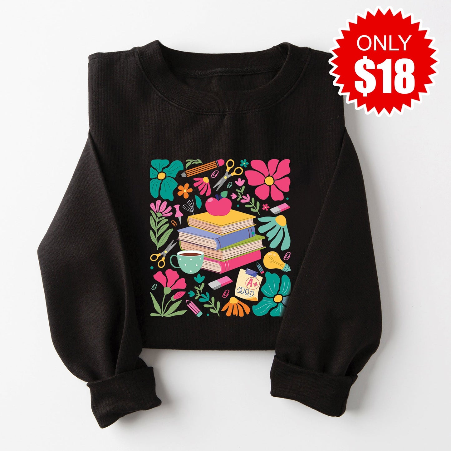 Boho Floral Teacher Sweatshirt - Black - 18