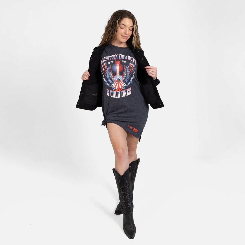 Women's Country, Cowboys & Cold Ones Shirt Dress - Charcoal