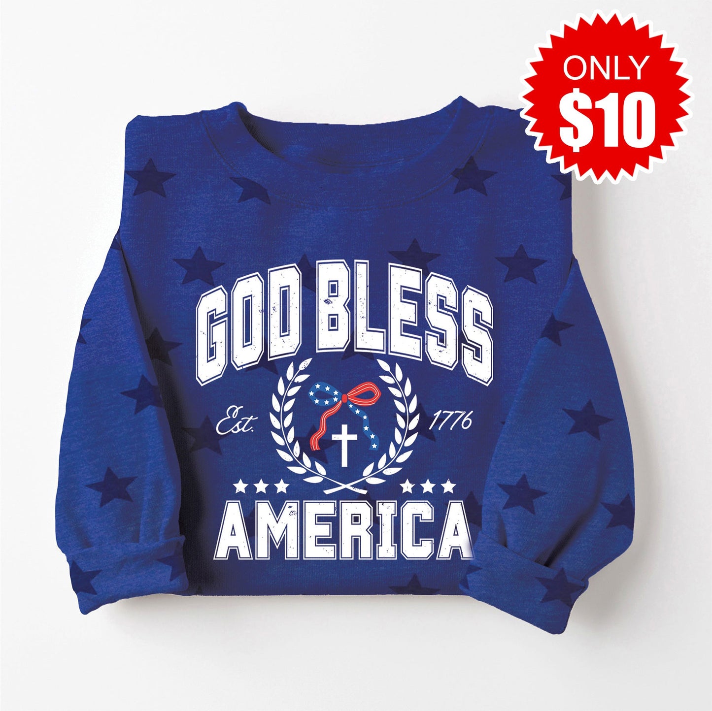 God Bless America Varsity Sweatshirt - Blue Star Print -  $10