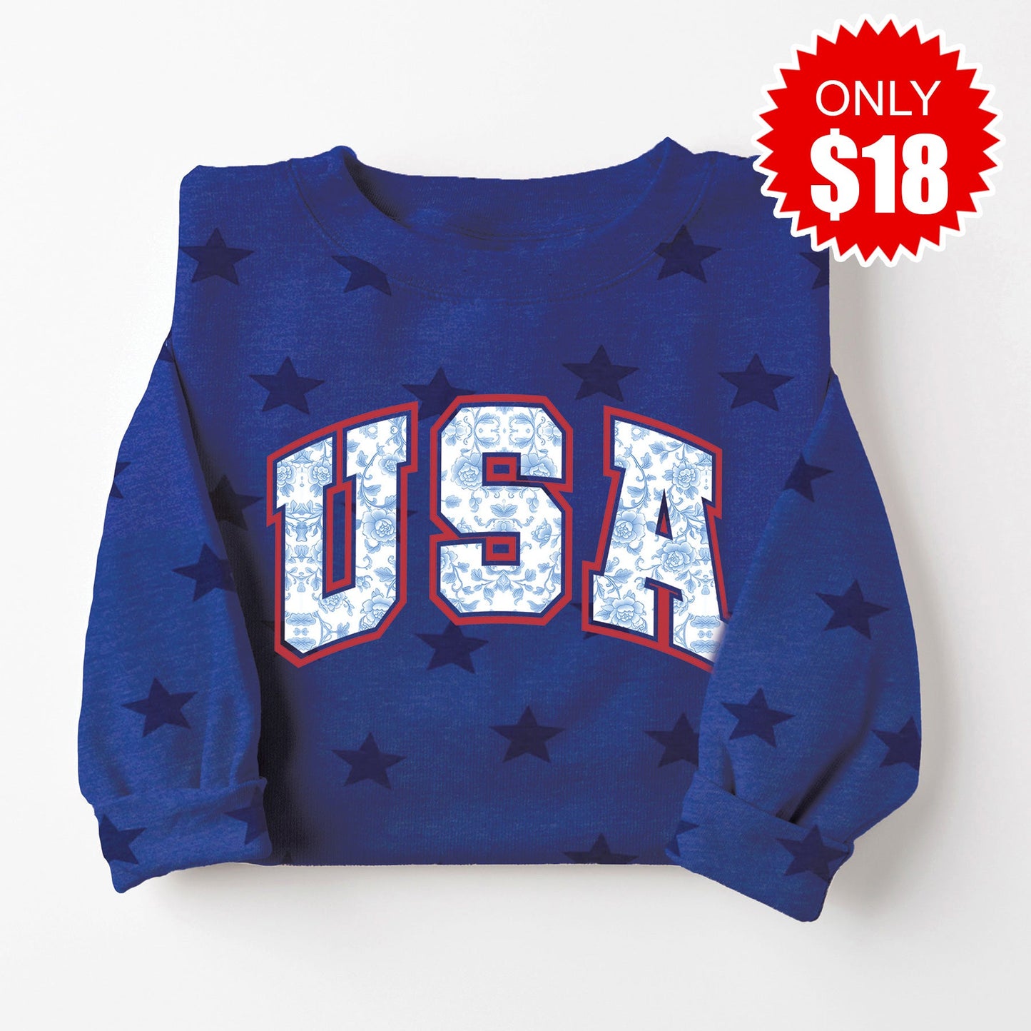 USA Floral Sweatshirt - Blue Star Print - 18
