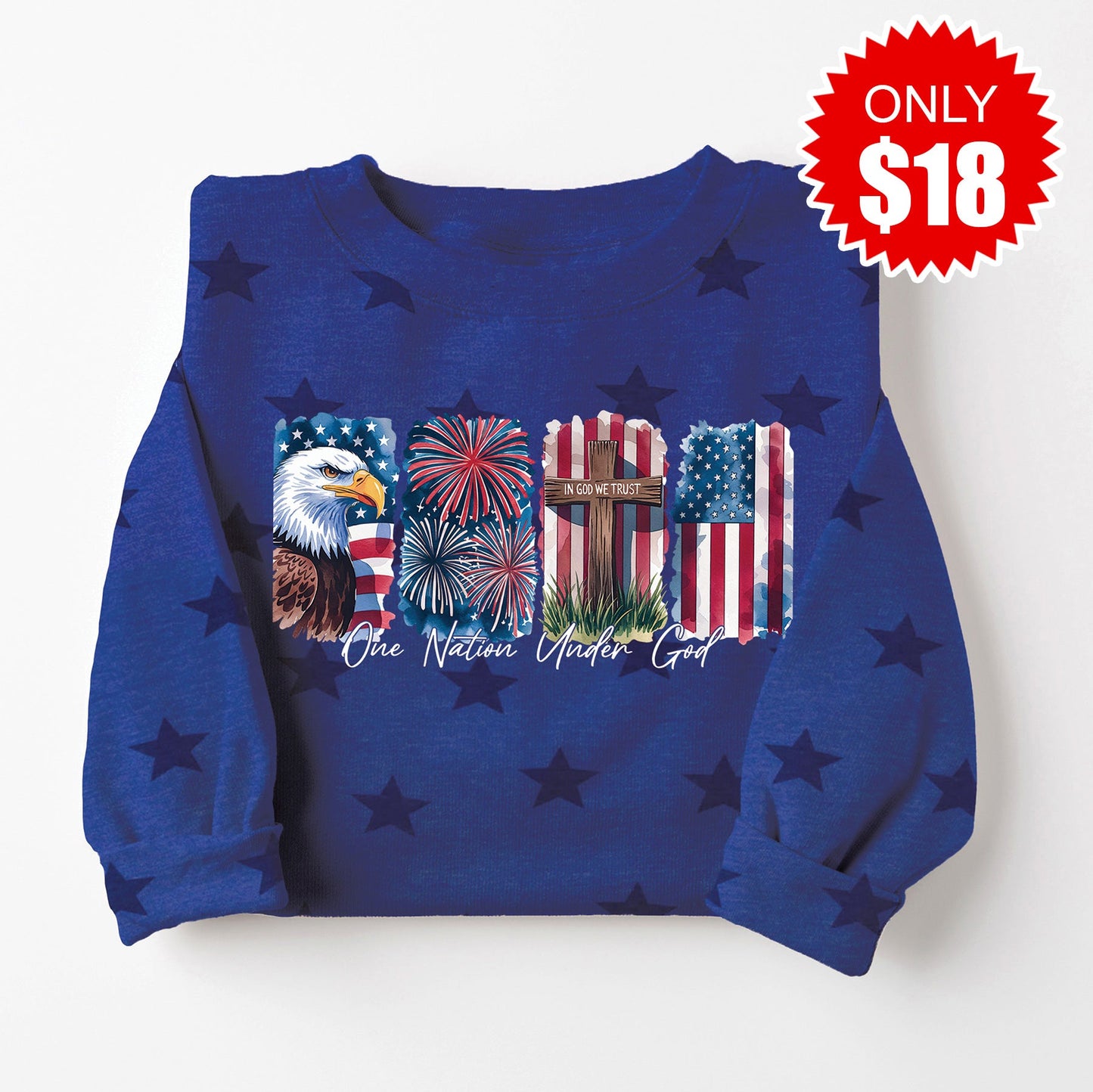 One Nation Under God Sweatshirt - Blue Star Print - 18