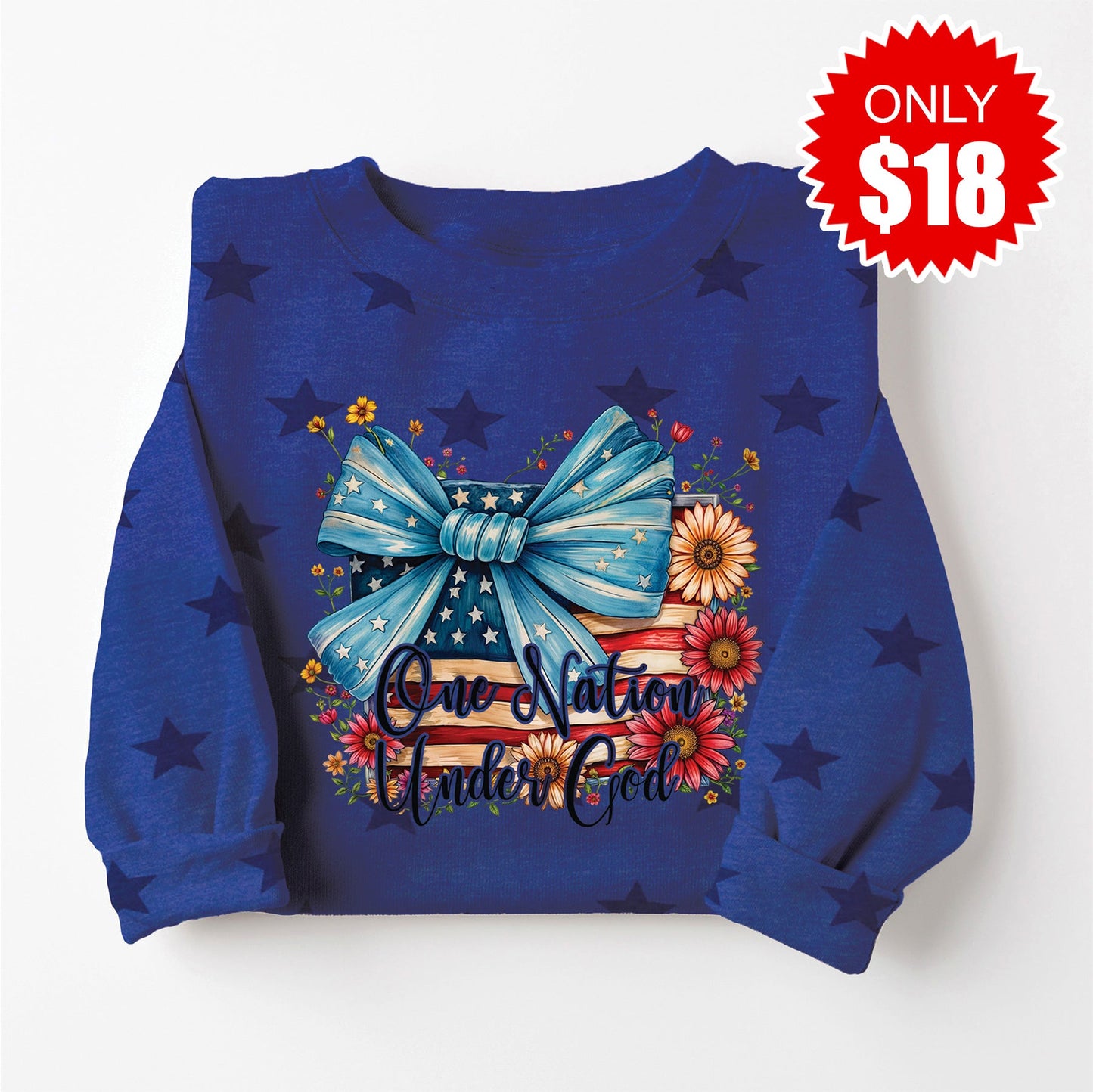 One Nation Under God Ribbon Sweatshirt - Blue Star Print - 18