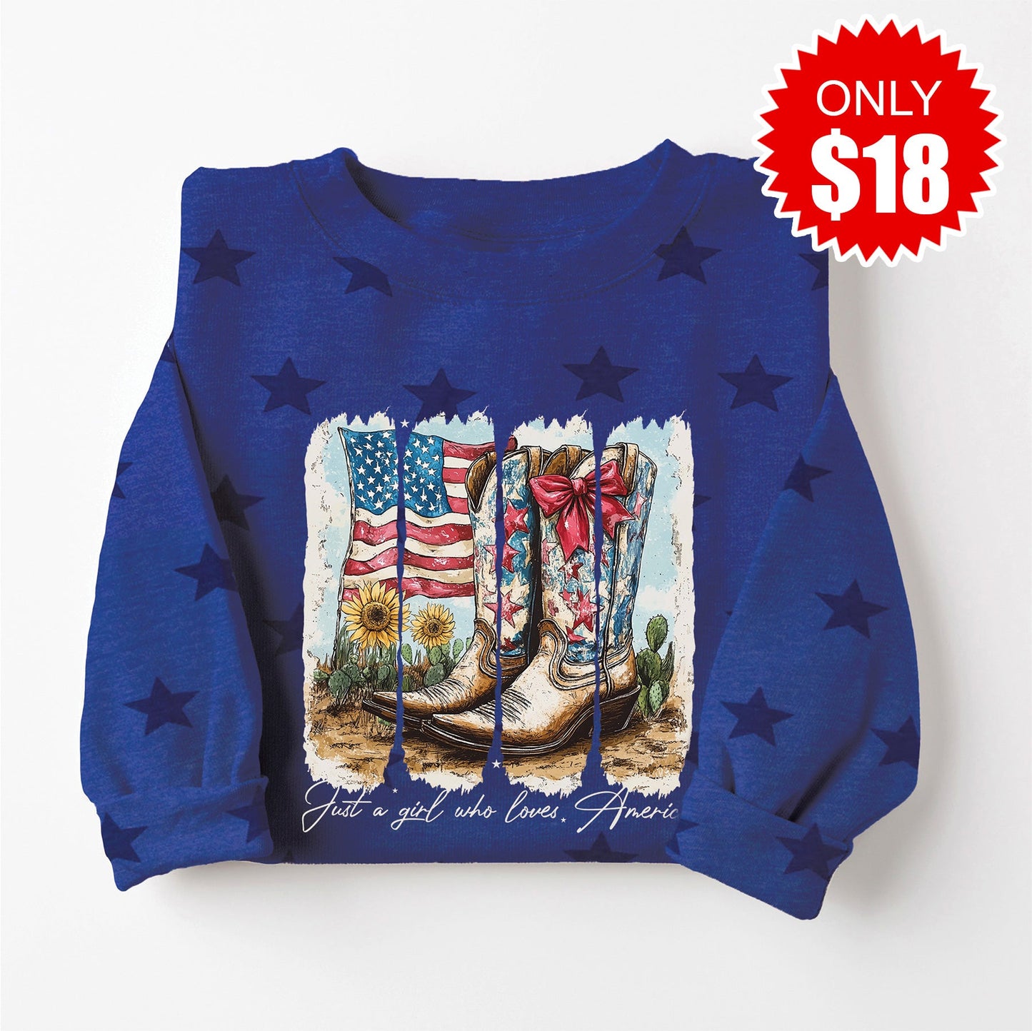 Girl Who Loves America Sweatshirt - Blue Star Print - 18