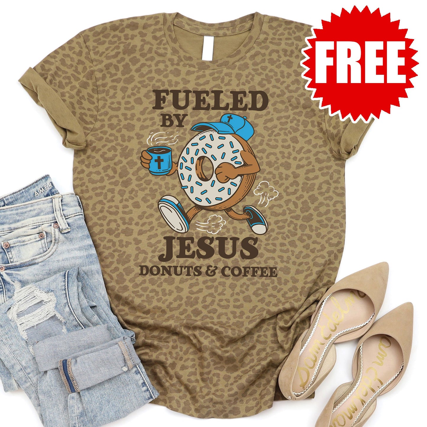 Jesus Donuts and Coffee Tee - Brown Leopard - 0