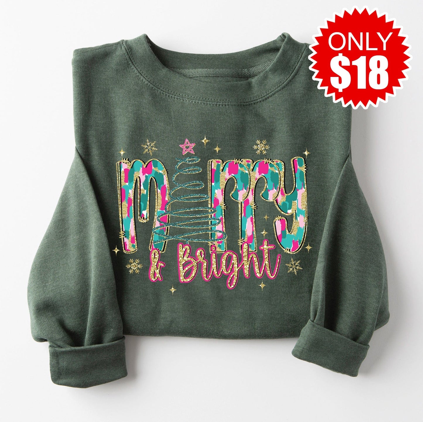 Merry and Bright Crewneck Sweatshirt - Heather Forest